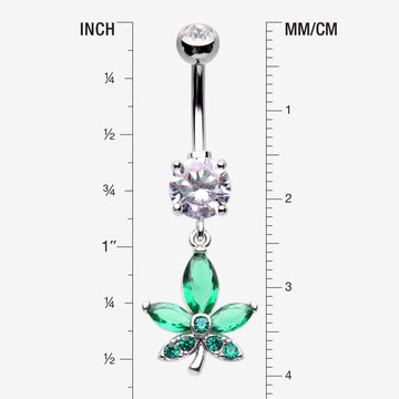 Detail View 1 of Sparkle Cannabis Leaf Belly Button Ring-Clear Gem/Green